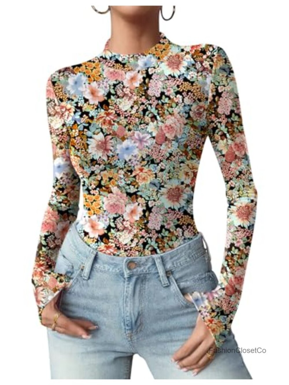 Floral Mesh Long Sleeve Top Mock Neck See Through Blouse Women Sheer